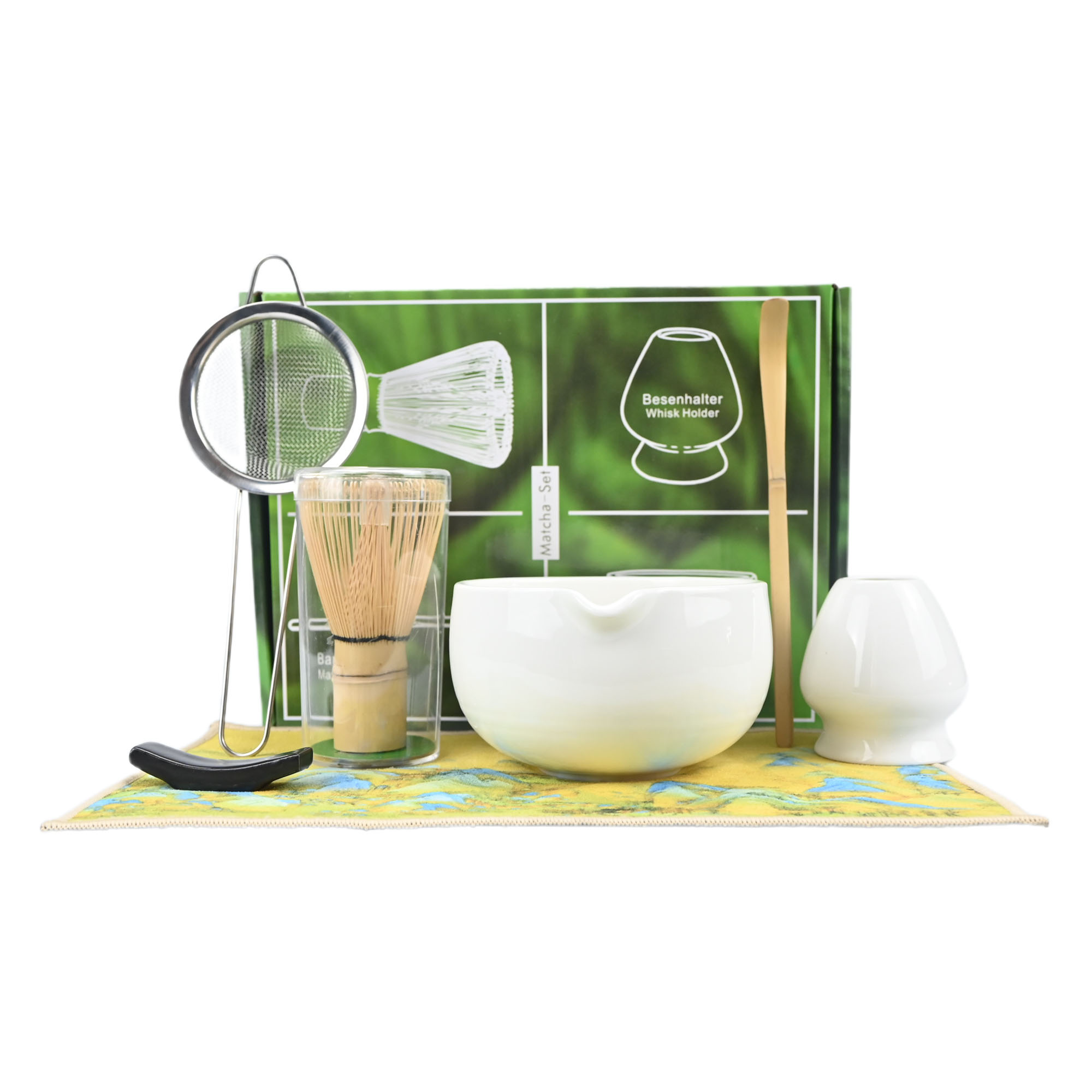 Matcha theeservies, 7-delige Matcha garde set, Matcha starter maken kit, Matcha groene thee garde set met schep, schepsteun, zeef, Whi: WHITE