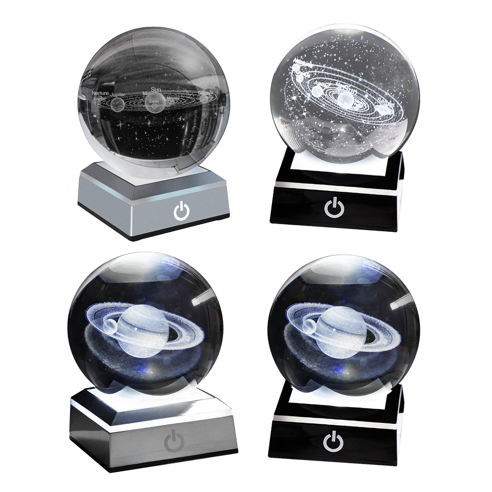 Système solaire planète Globe en cristal K9, 80mm, système solaire gravé en 3D, boule avec interrupteur tactile, Base lumineuse LED, d&#39;astronomie