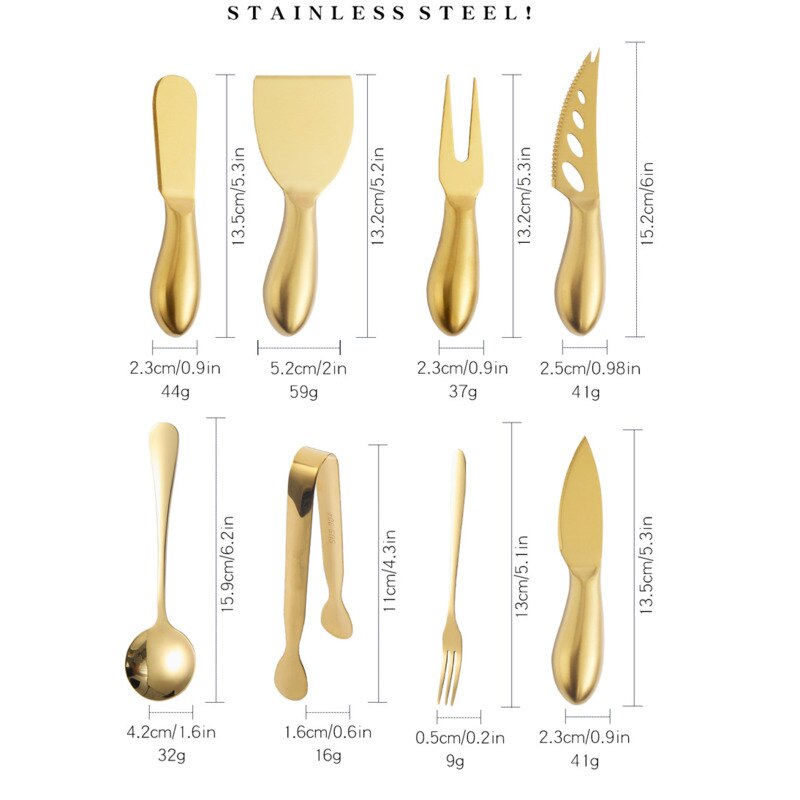 14/20pcs Gold Cheese Knife Set Cheese Spreaders Knife Butter Slicer with Mini Serving Tongs Spoons and Fruit Forks Knives Set