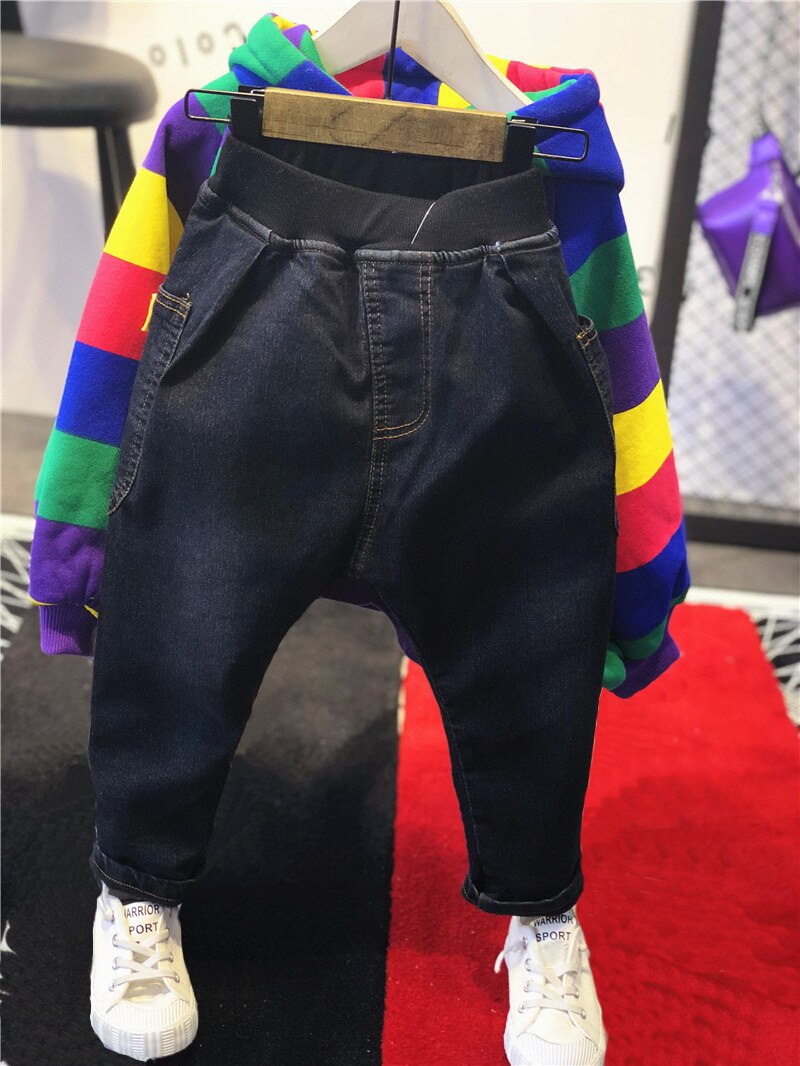 Merke gutteklær barn vinter gutter klær regnbuebar barn gutteklær sett fortykket hettegenser, fortykket jeans