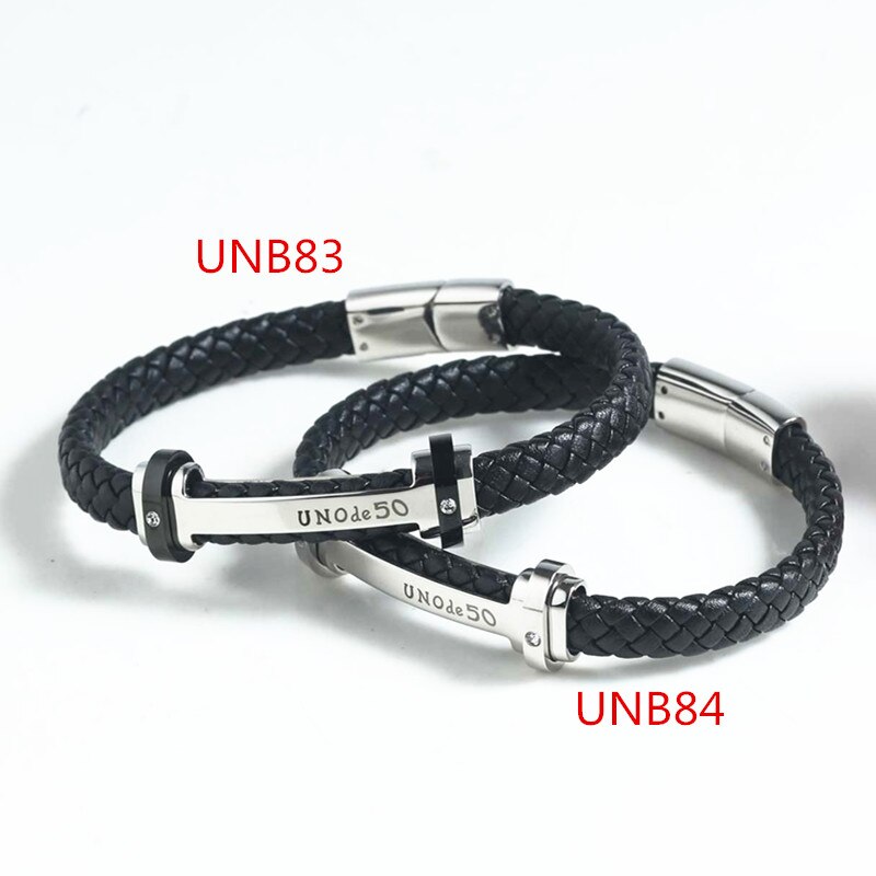 Vrouwen Mannen Zilveren Kleur Goud Rvs Weave Vierkante Uno De 50 Lock Key Zwart Lederen Armband sieraden: UNB83