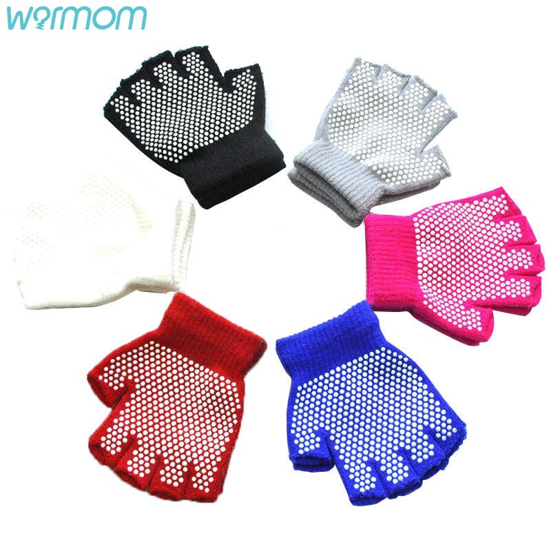 Warmom crianças quentes inverno ao ar livre esportes handguards antiderrapante pequenas partículas meio dedo luvas de malha
