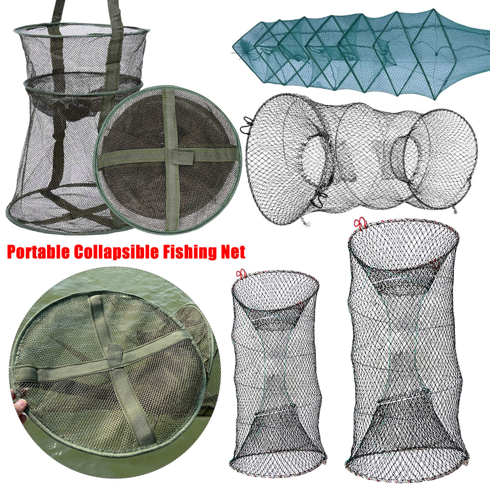 Portable Fishing Landing Net Pot Trap Fish Shrimp Mesh Cage Crab Crayfish Lobster Catcher Collapsible Fish Trap Fishing Supplies