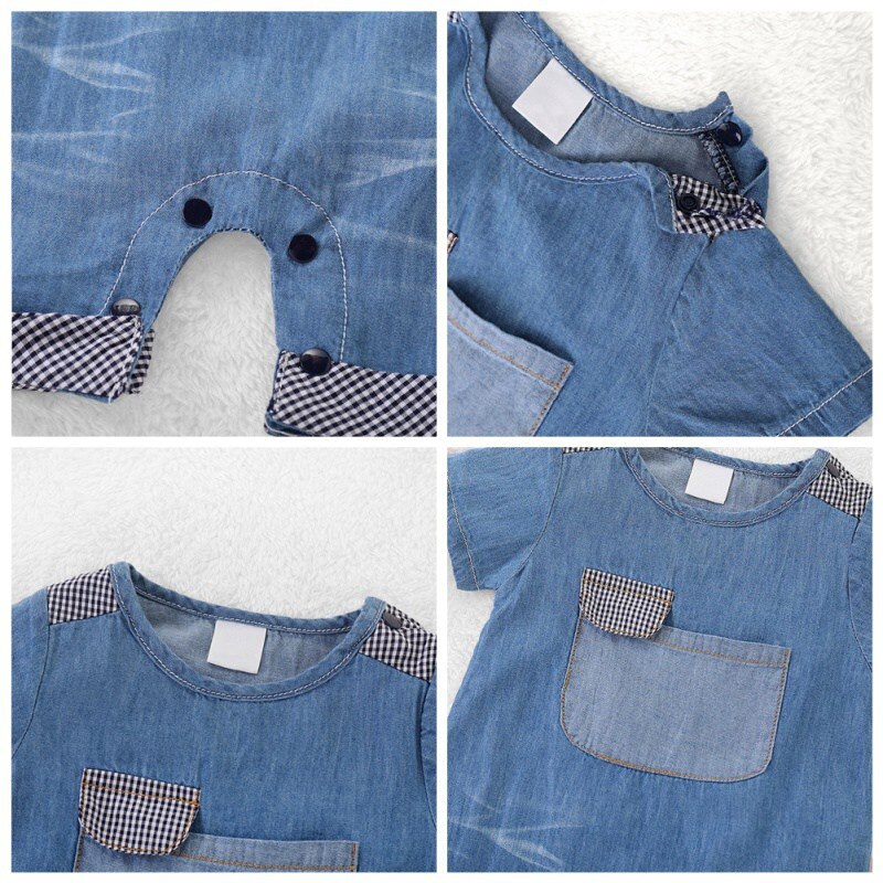 Spædbarn baby dreng denim bukser sød cowboy slips korte ærmer bukser med lomme børn drenge jumpsuit nyfødt tøj 34