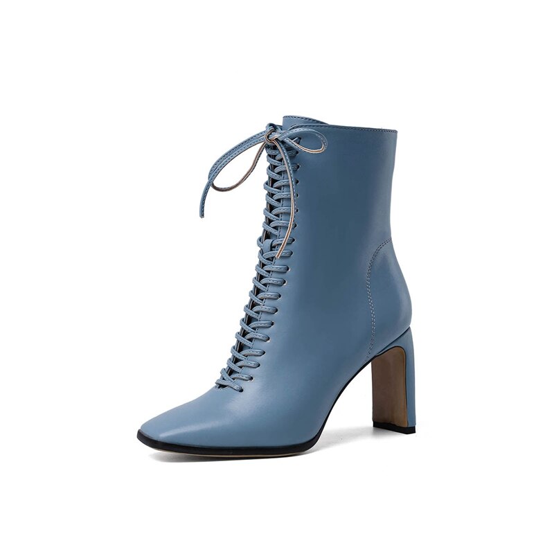 Women Leather Boots High Heels Shoes Winter Lace Up Woman Martin Boots Square Toe Ankle Boots Female Shoes Heels: Sky Blue / 10