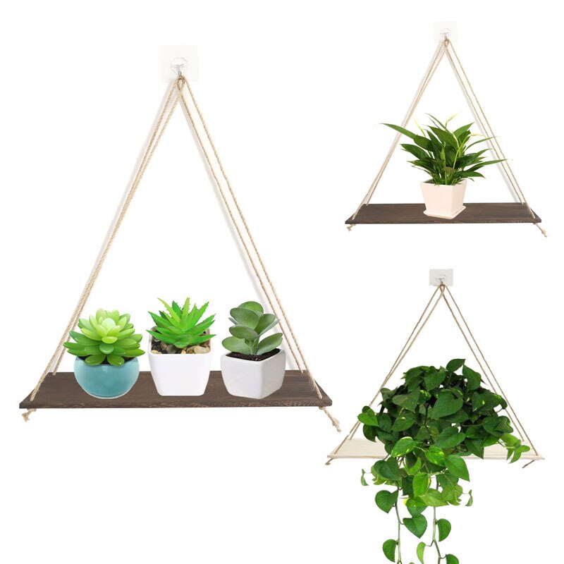 Flower Pot Sling Hanging Hook Wall Plank Ornaments Hanging Basket wooden Storage Stand Nordic Wall Swing Shelf Wood