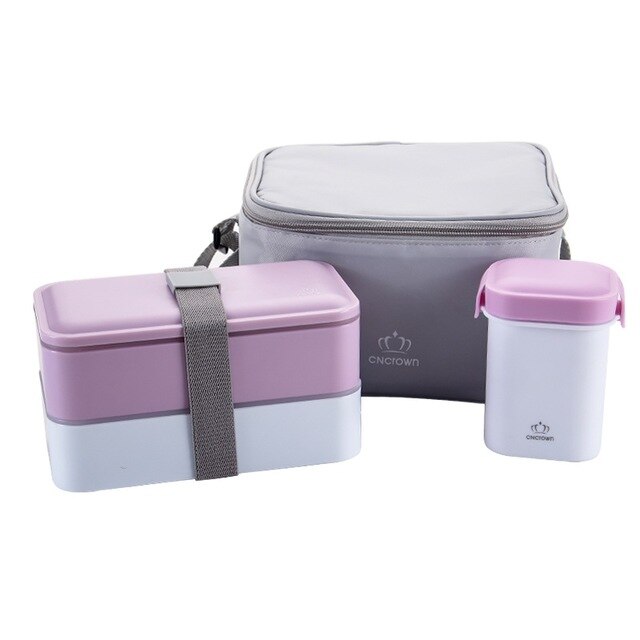 MICCK Japanese Lunch Box Set Double Layer Bento Box With Soup Bowl Portable Thermal Insulated Food Container Microwavable: Pink Set