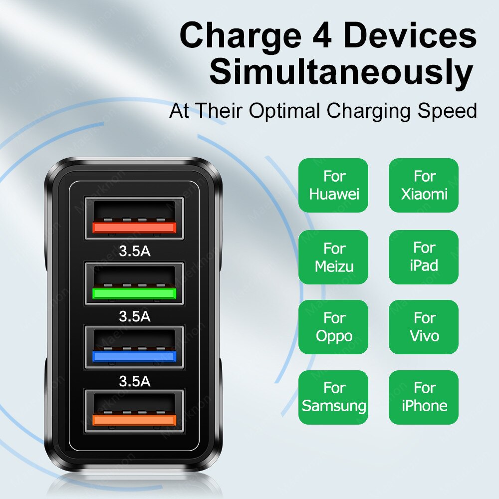 5.1A Quick Charge 4 Ports Universal Fast Charging EU US Plug Power Adapter For Samsung S10 iPhone12 Tablet Mobile Phone Charger