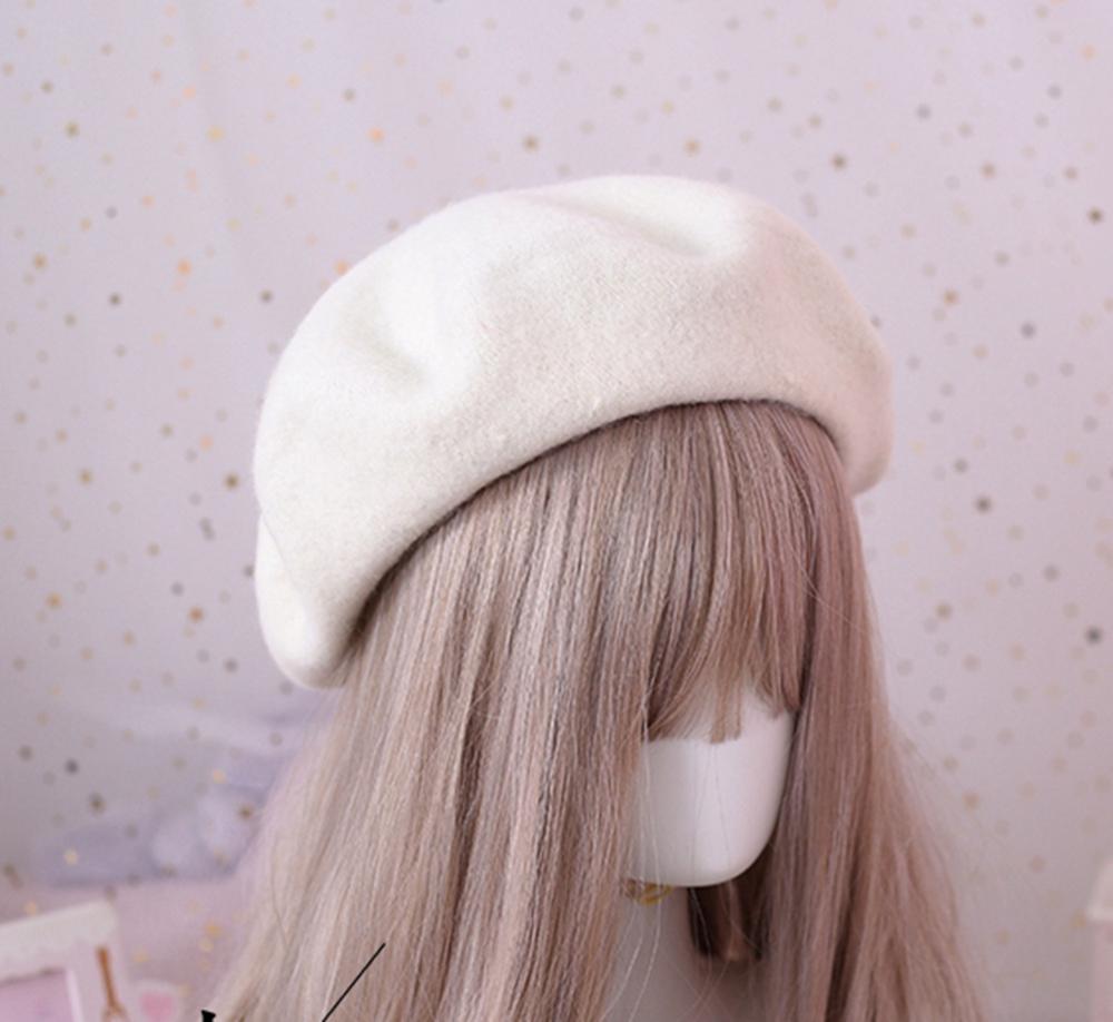 Solid Color Wool Beret for Women Girls Winter Autumn Beanit Hat: Ivory