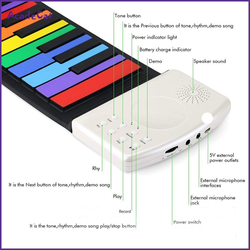 Roll Up Piano 49 Keys Silicone Portable Foldable Colorful Soft Keyboard Electronic Piano Rainbow Key rechargable