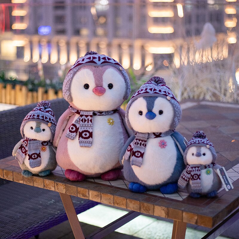 Schattige pluizige pinguïn knuffeldier, knuffeldier, sjaal, muts, aankleedpop, pinguïn, speelgoed voor kinderen, kerst