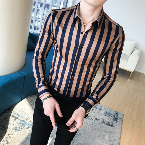 Stripet skjorte herre business slim langermet skjorte lav krage herre sosial klubb fritidsskjorte herre topp: Mørkebrun / Asia 2xl 67-72kg
