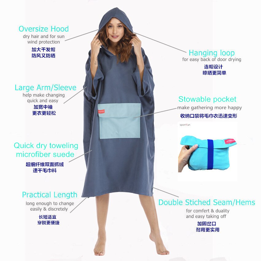 Microfiber Wetsuit Changing Robe Poncho with hood Quick Dry Hooded Towels for Swim Beach Surf Poncho Compact Lightweight