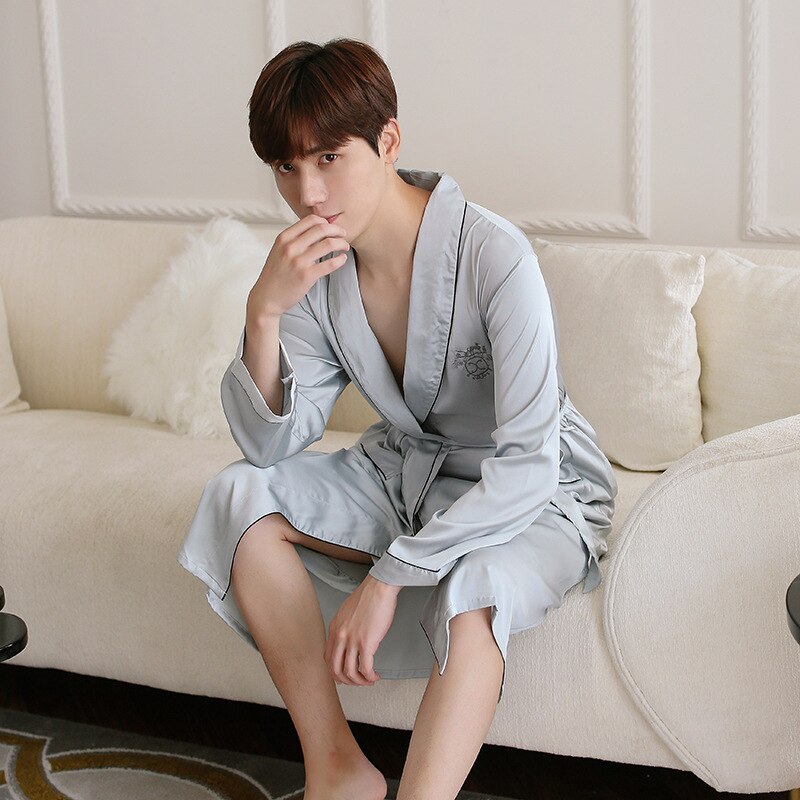 Navy Blue Mens Kimono Sleep Robe Short Pants Pajamas Suit Spring 2PC Sleepwear Sets Casual Home Wear Nightwear Bath Gown L-XXL