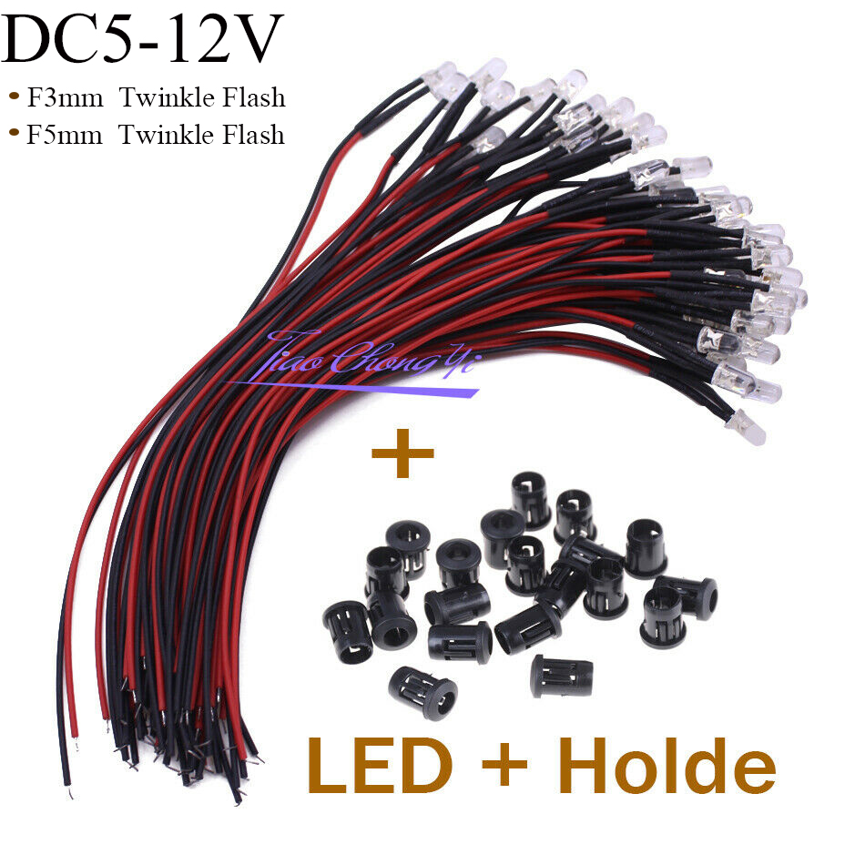 100 Stück Twinkle Flash DC 5–12 V, klare F3 mm, 5 mm blinkende LED mit 20 cm rotem und schwarzem Drahtlicht, weiß, rot, blau, grün, gelb, RGB-Blitz