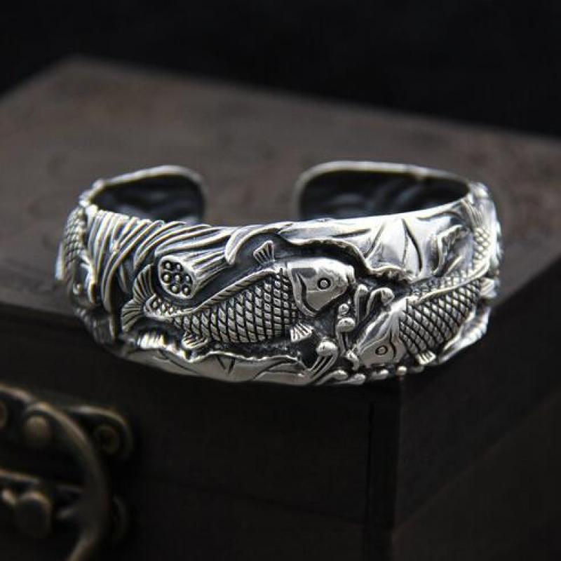 Vintage Zilveren Kleur Karper Open Manchet Bangle Unisex Prachtig Gesneden Mode Armband