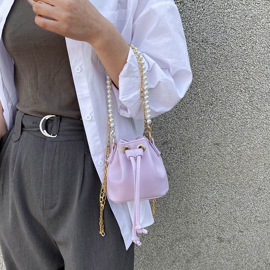 Dames mini emmertas parel handtas pu leer effen kleur ketting schoudertassen kleine schattige dames crossbody handtas