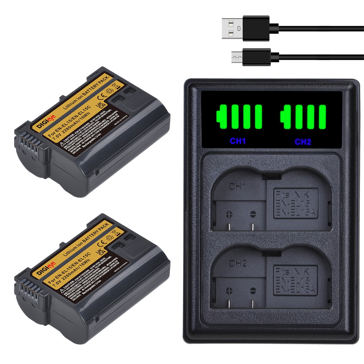 EN-EL15 EN EL15C Battery + Charger for Nikon D500, D610, D750, D800, D810, D850, D7000, D7100, D7500, Z5, Z6, Z6II, Z7, Z7II: 2 battery 1 charger