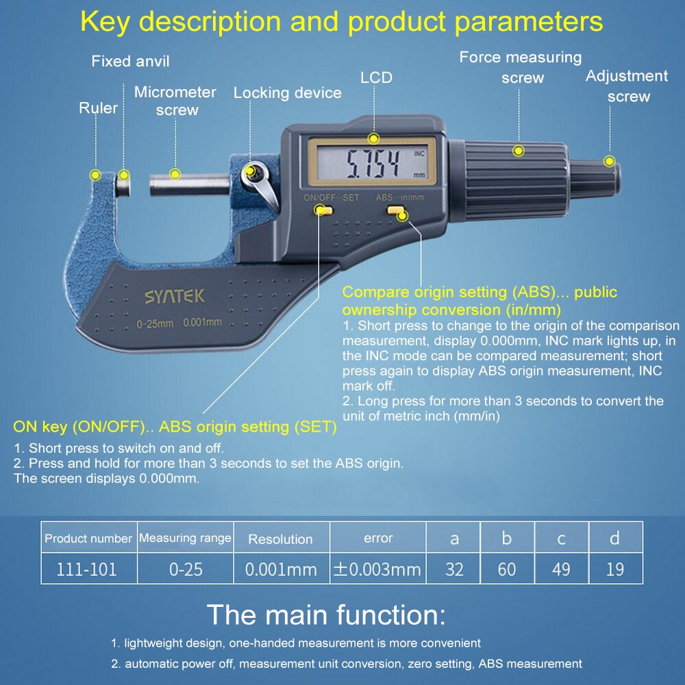 Digital Micrometer 0-25/25-50/50-75/75-100 mm 0.001mm Metric/Inch Electronic Outside Micrometer Carbide Tip Measurement Tools