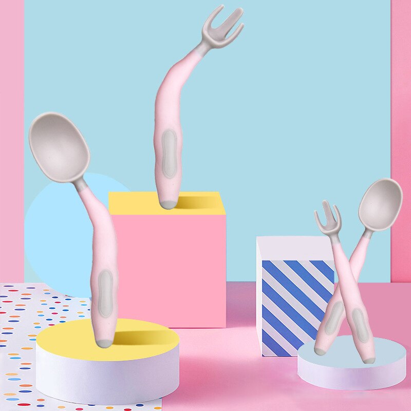 2 Teile/satz Baby Obst Gabel Löffel einstellen Nette Karikatur Baby Ausbildung Löffel Gabel Geschirr einstellen Gebogene Biegen Baby Utensil setzt: Rosa grau