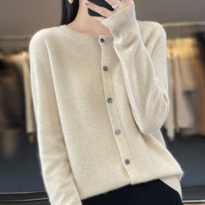 mujer 100% cárdigans de lana merina suéter de cachemira Otoño Invierno cuello redondo prendas de punto de manga larga ropa básica femenina Tops