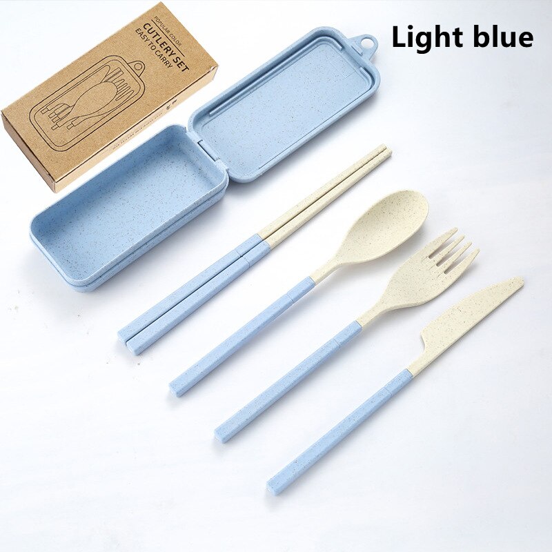 4PCS Wheat Straw Dinnerware Set Portable Tableware Knife Fork Spoon Chopsticks Set Travel Cutlery Set Eco-Friendly Utensil Box: Light Blue