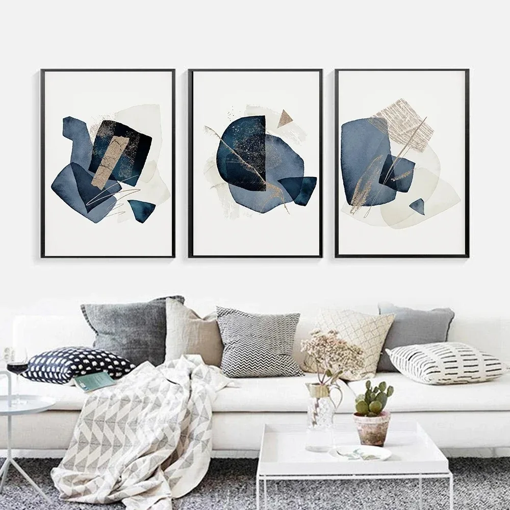 Póster geométrico de acuarela, cuadro sobre lienzo para pared abstracto azul marino nórdico, cuadro impreso moderno para oficina, decoración del hogar y habitación