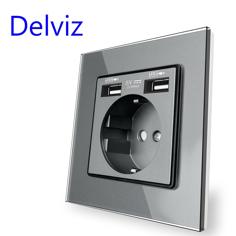 Delviz EU Standard USB Buchse, 5V 2A Doppel usb Ladung Schnittstelle, Zauberstab eingebettet 16A Steckdose, gehärtetem Kristall Glas Tafel: grau (mit USB)