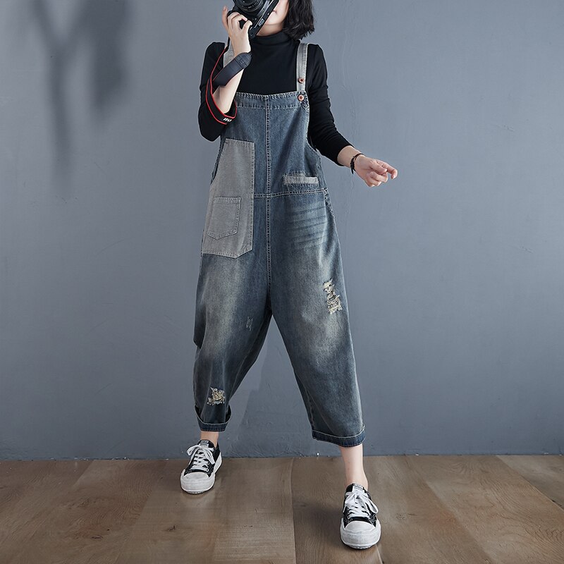 Ropa de calle gris negro mujer mono mezclilla holgada oversize rasgada Mom Jeans monos camal ancho Patchwork bolsillo Correa pantalones holgados