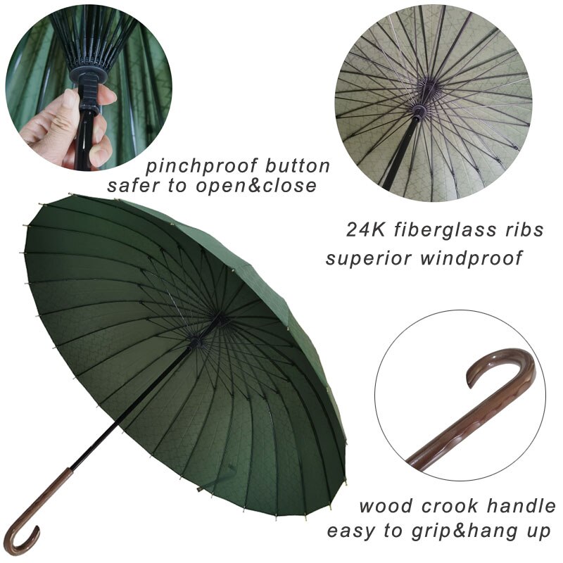 Paraguas largo con mango de madera para hombre y mujer, sombrilla de con 24 varillas, resistente al viento y al agua, ultraligero