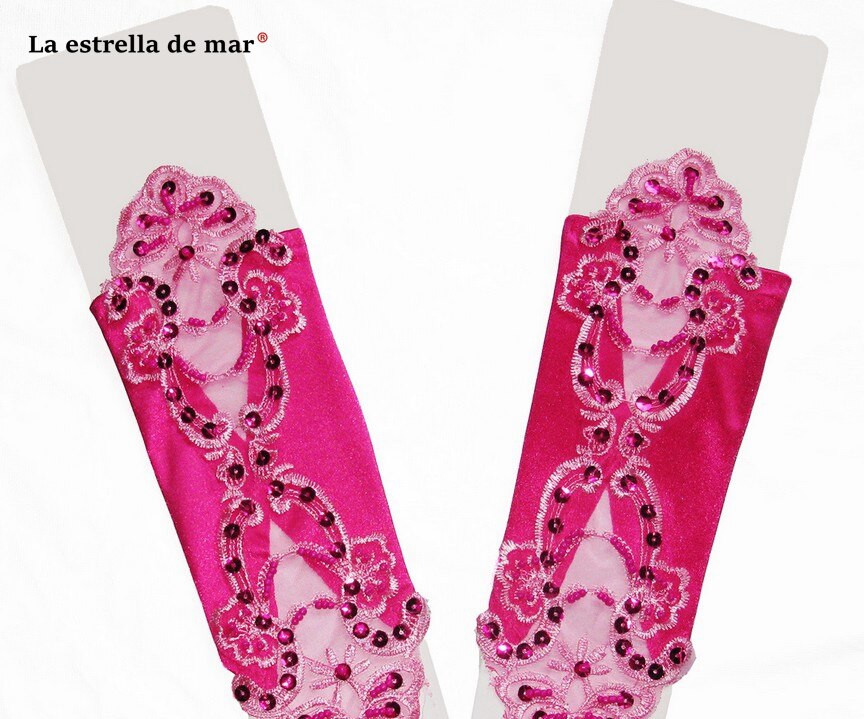 Gants de mariage pour mariée perle multicolore satin sans doigts mariée gants de mariage coude spot applique mariage perlé: rose Red