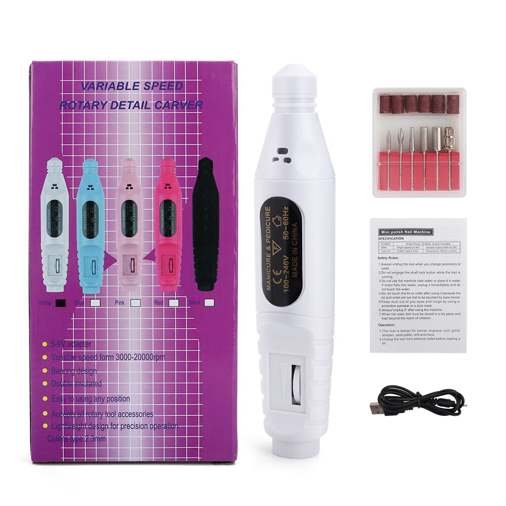 Mini perceuse à ongles électrique, meulage de vernis, outil de manucure et pédicure, ponceuse à ongles, lime, ensembles de stylos de perçage: WHITE