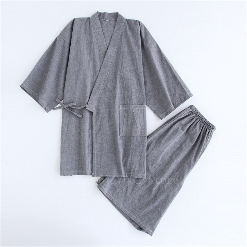 Japanese Kimono Cotton Pajamas Men Samurai Costume Bathrobe Haori Yukata Jinbei Set Sleepwear Short Sleeve Woman Japan Clothes: Color1 / M