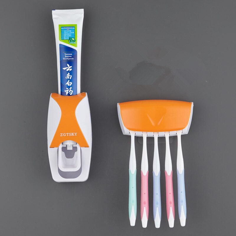 Toothbrush Holder Automatic Toothpaste Dispenser Holder Toothbrush Wall Mount Rack Bathroom Tools Set: Orange