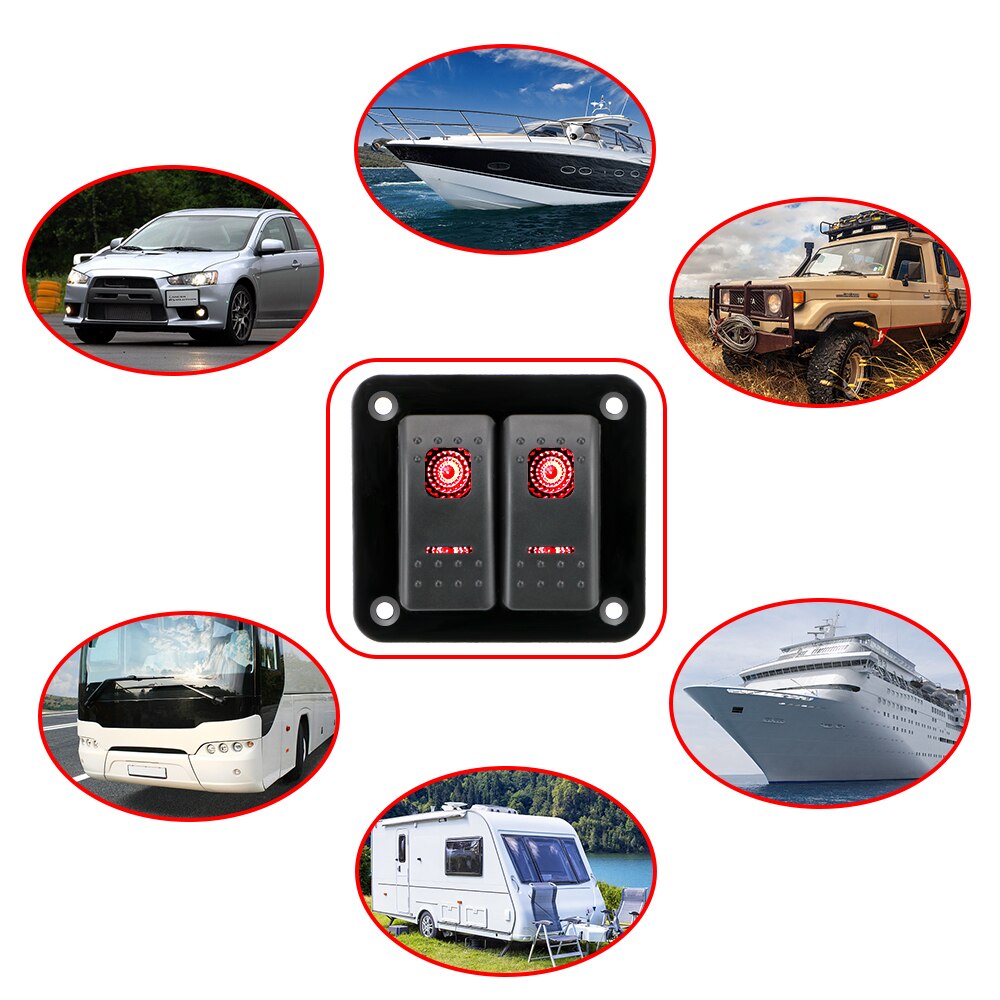 2 Gang Rocker Switch Panel for Car Marine Camper Caravans Travel Trailer LED Waterproof Switch Panel Circuit Breaker 12-24V