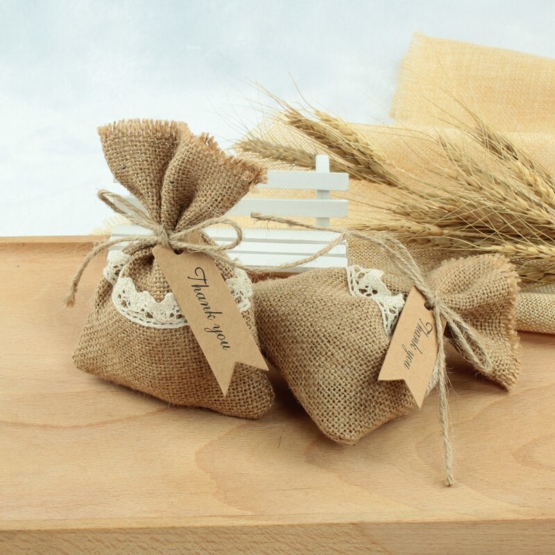 20 st säckväv påsar naturlig jute säckväv säck favor väska baby shower rustika bröllop mottagningar gynnar och