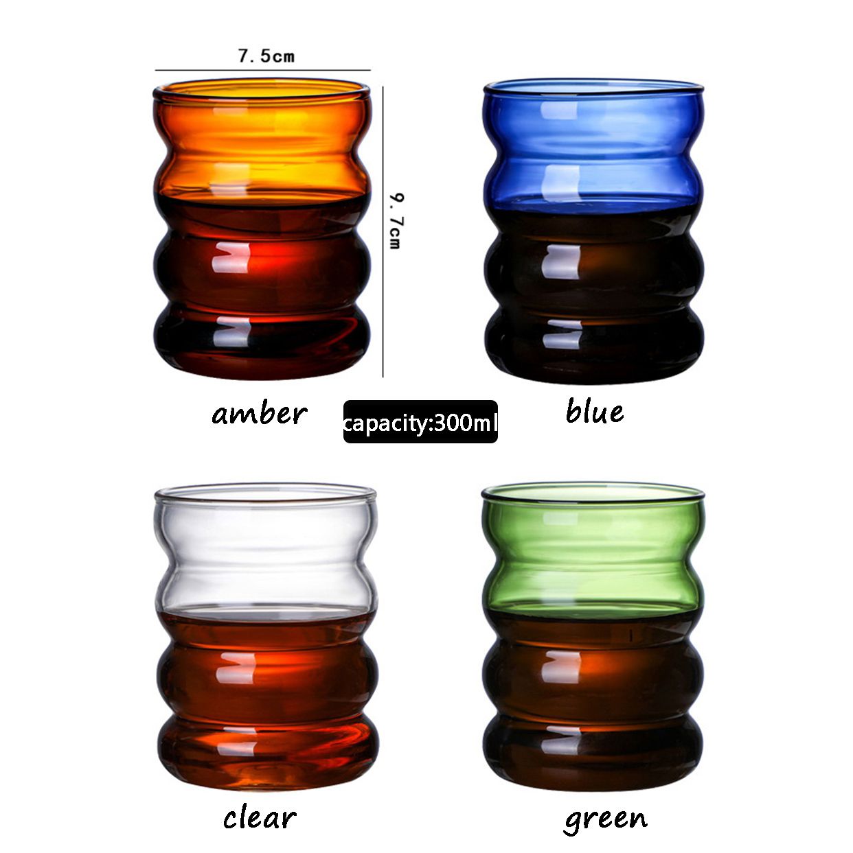 300ML Glass Cup Colorful Transparent Glass Water Bottle Wave Shape Mug Home Office Bar Drinkware