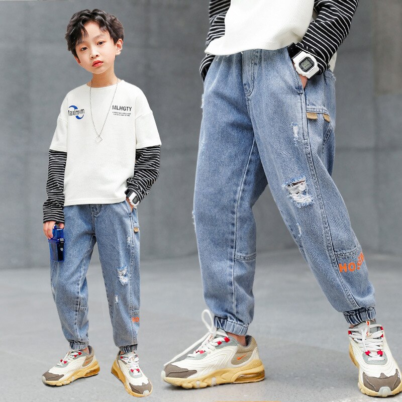 Boys Jeans Kids Boy Letter Print Denim Clothing Classic Long Hole Pants Skinny Jeans Boys Casual Trousers Bottoms