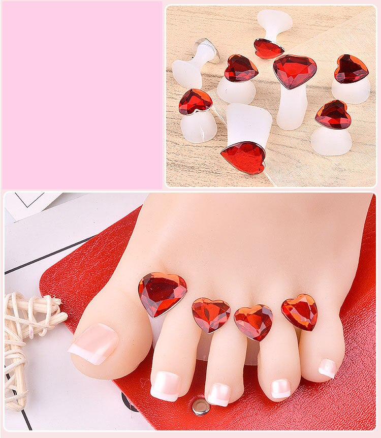 Separador de dedos de silicona suave para el cuidado de los pies, separador de dedos, margaritas, flores, perlas, corazón, diamantes de imitación, herramientas de pedicura, 8 Uds.: Rojo
