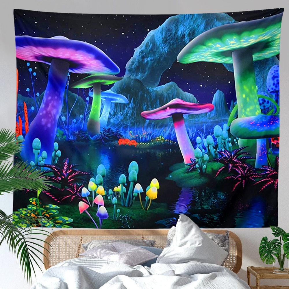 Psychedelic Mushroom Tapestry Fantasy Plant Wall Tapestry Galaxy Space Tapestry Starry Night Sky Tapestry Wall Hanging for Room