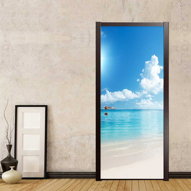 Blauwe Hemel En Witte Wolken Landschap Deur Sticker 3D Eenvoudige Home Decor Behang Muurschildering Woonkamer Deur Decals Stickers 3 D