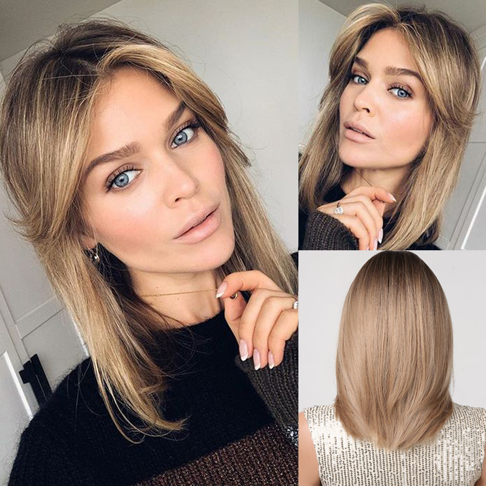 Short Layered Synthetic Wig Ombre Brown Medium Length Straight Natural Looking Hair Wig with Bangs Heat Resistant for Women Afro: Blonde