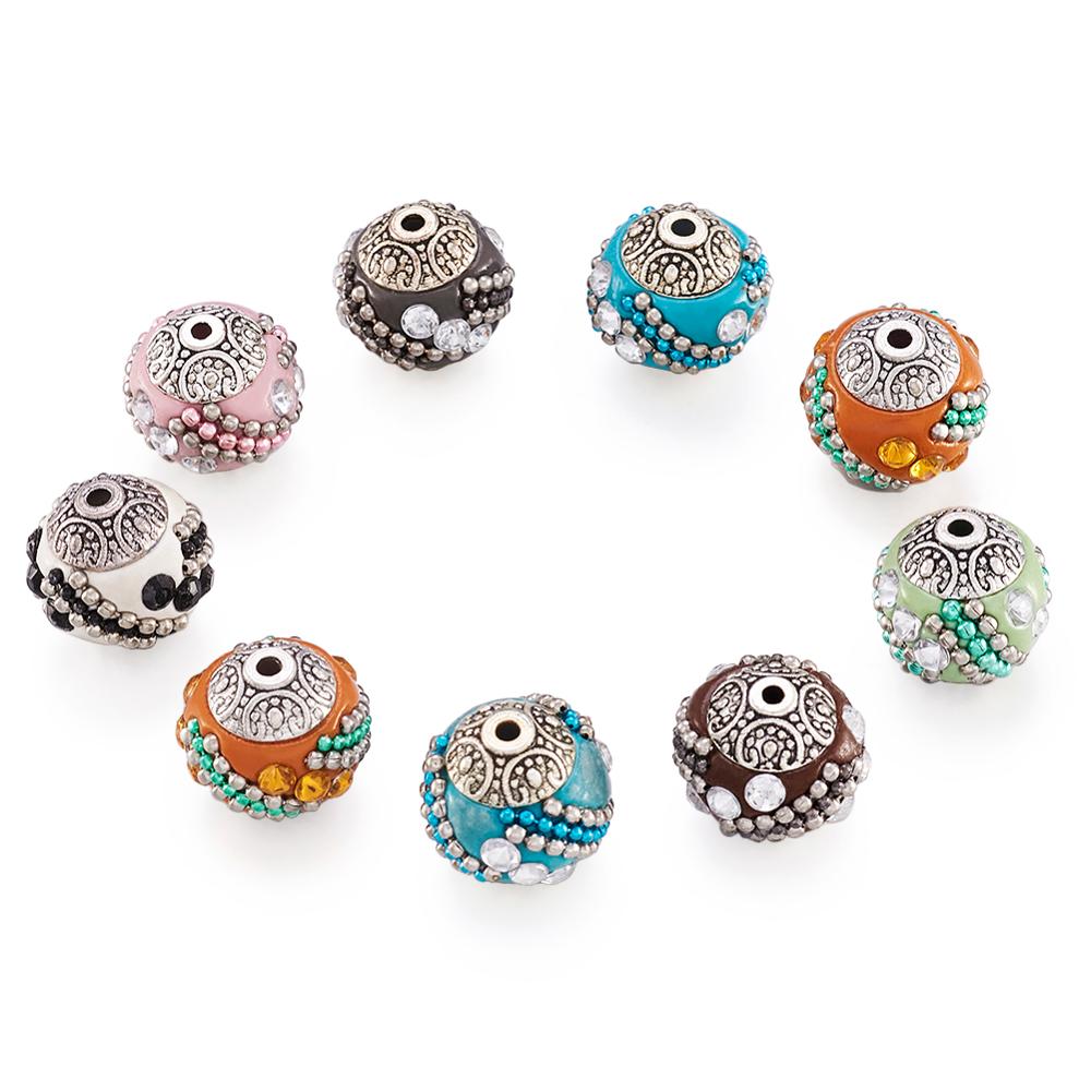 10 peças 14-15mm contas redondas soltas feitas à mão indonésia para fazer jóias pulseira diy com núcleos de liga banhados a prata antiga