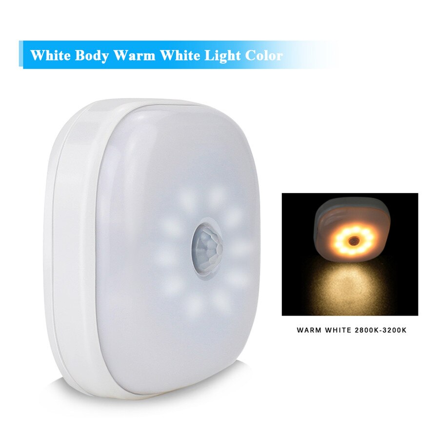 Led natlys magnetisk trådløs sensor lampe 10 leds pir bevægelsessensor lys automatisk tænd / sluk kabinet garderobe trapper vægbelysning: Varm hvid