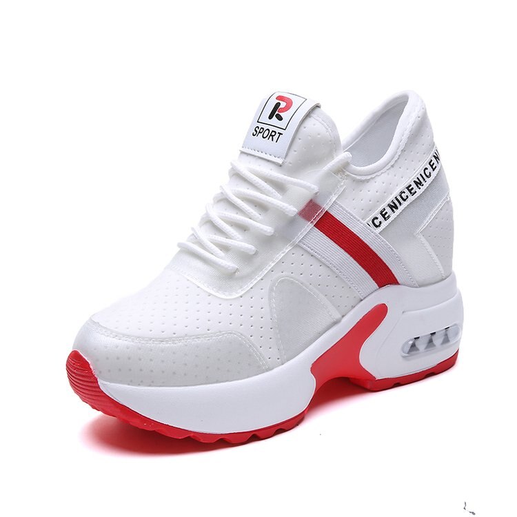 Höga vita sneakers dam platå skor klack ökande dam skor mesh andas skor kil svart kvinna sneakers platå: Vit / 8.5
