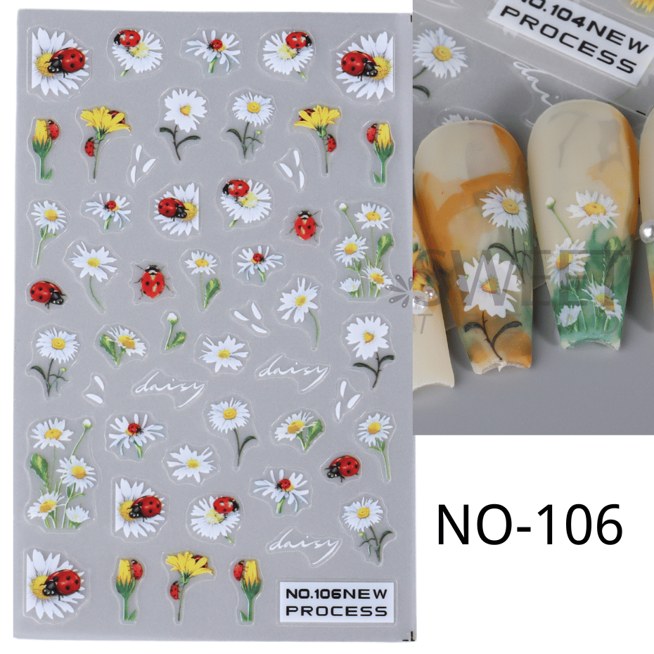 Pegatinas de Arte de uñas de mariquita de abeja 3D, hojas de otoño, margaritas florales, deslizador, calcomanía de pájaro Animal lindo, decoración de manicura, puntas de uñas, Belleza: Blanco