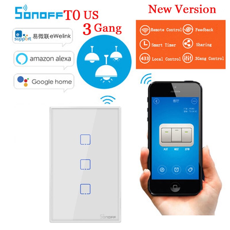 Sonoff-interruptor inteligente TX T0 T2 T3 US, 1, 2, 3 Entradas, Wifi, inalámbrico, de pared, con temporizador, funciona con la aplicación eWelink, Alexa: Sonoff T0 US 3C