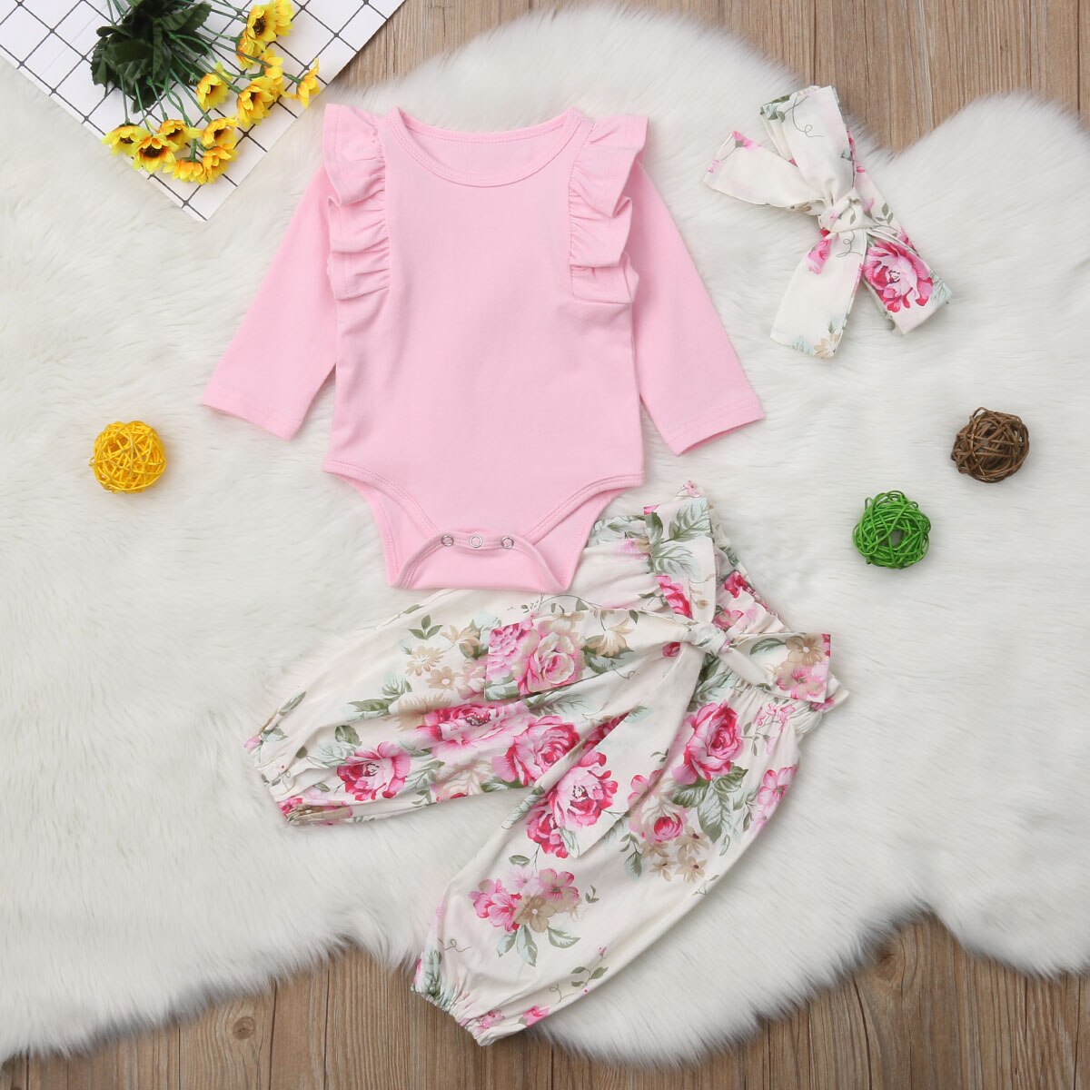Merke 0-24m spedbarn baby jente gutt blomster høstklær sett volanger lange ermer solide bukser+bukser+hodebånd