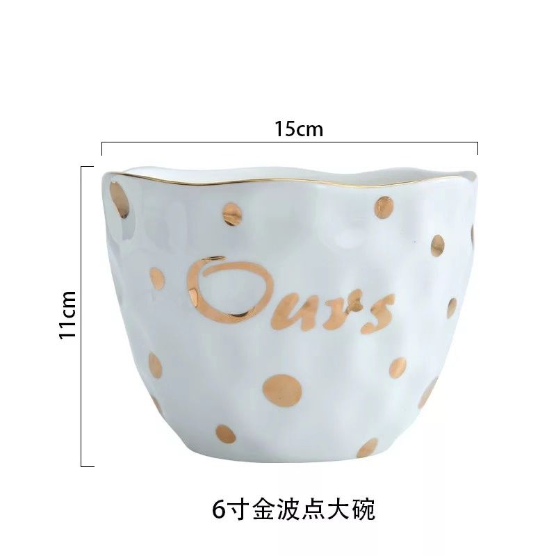 Europæisk guld bølgepunkt keramik porcelæn suppe skål frugt frugt bøf plade desserter fad sød mad plader: Skål -6 tommer