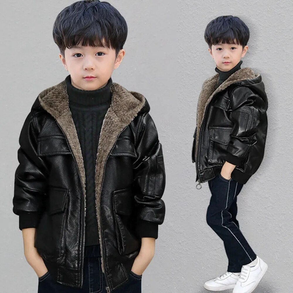 4-15 Jaar Jongens Winter Pu Leren Jas Jas Dikke Fleece Hooded Zwart Chidlren Bovenkleding 2022 Tiener Jasje voor Jongen 12